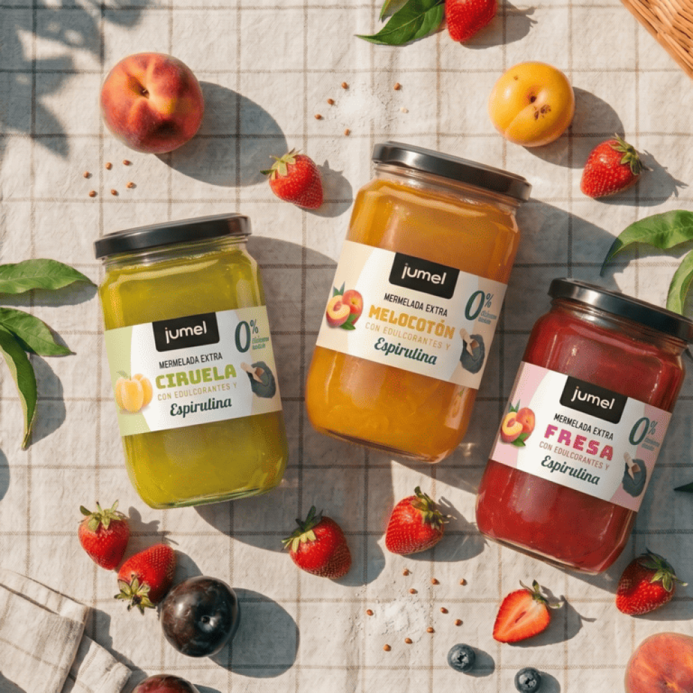 La mermelada 0 azucar añadido de Jumel sobre un mantel